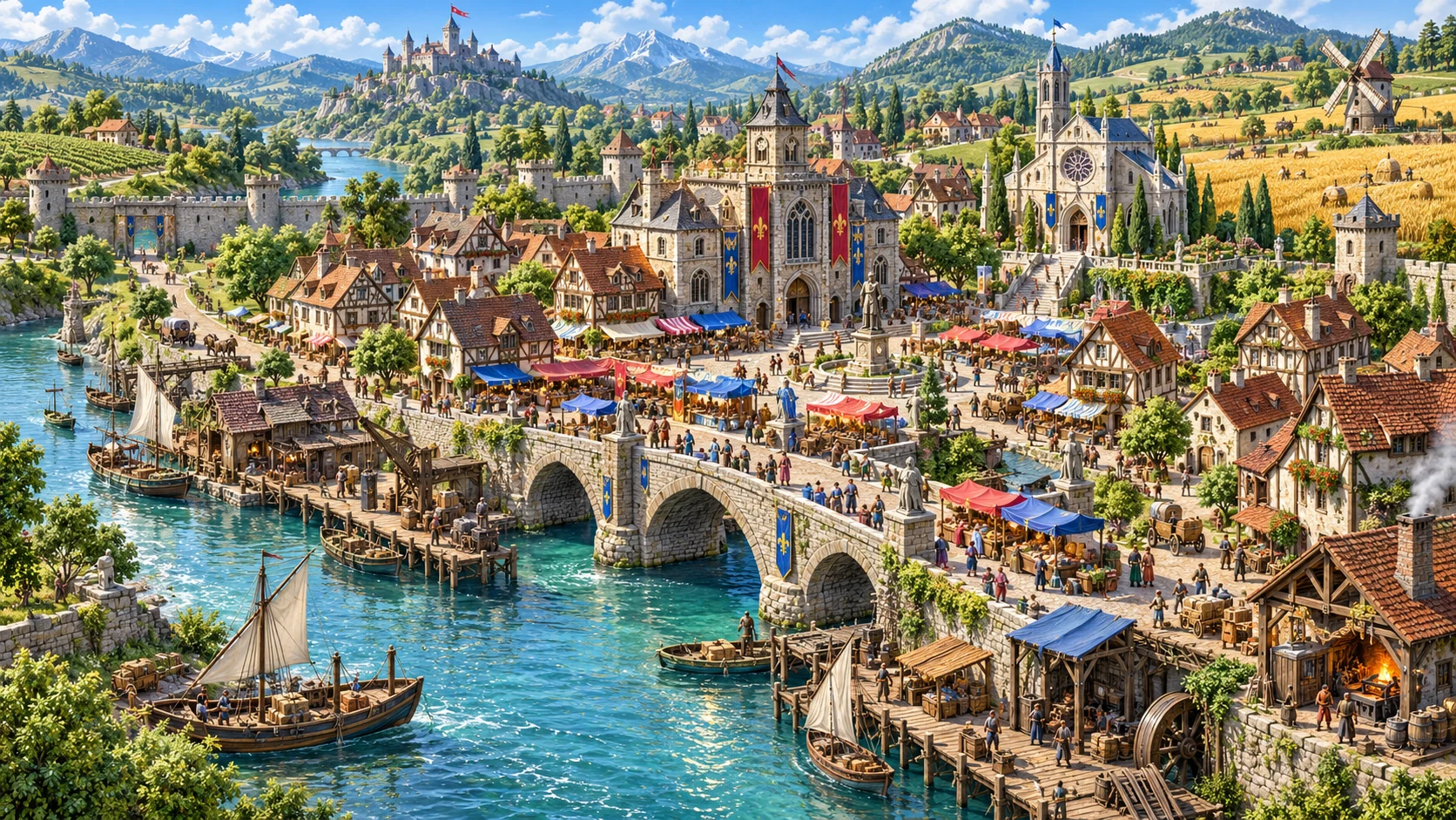 Fantasy illustration of a busy river settlement with bridges, markets, civic buildings and farms