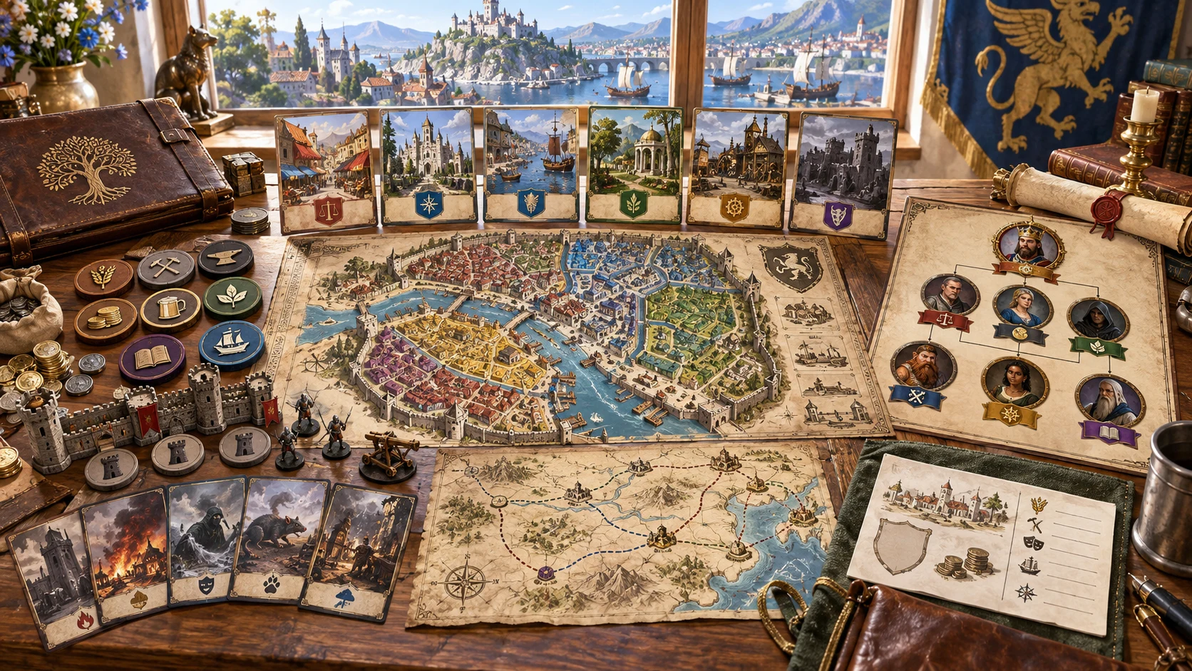 Fantasy illustration of district maps, place cards, civic symbols and a relationship sheet