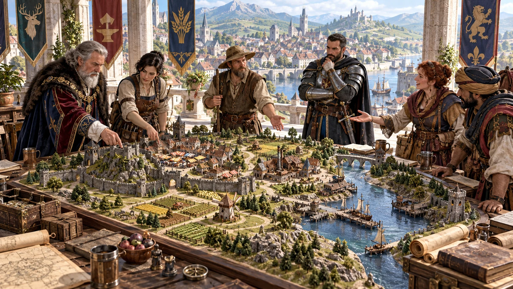 Fantasy illustration of a council considering a model river settlement